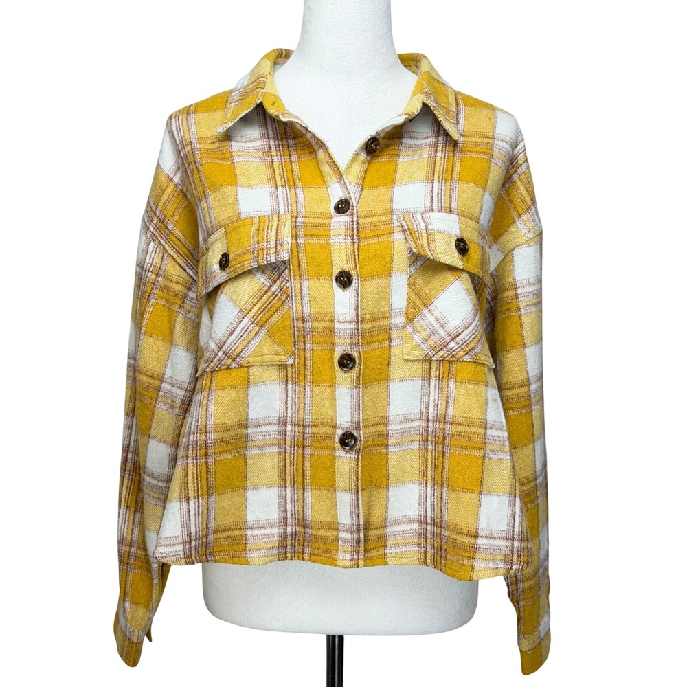 Easel Los Angeles Women Jacket L Yellow Plaid Button Up Cropped Shacket - Picture 9 of 10